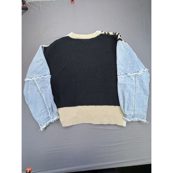 Bibi Retro Knit Sweater Colorblock Y2K Denim Patchwork Leopard Print Size LG - Picture 2 of 6